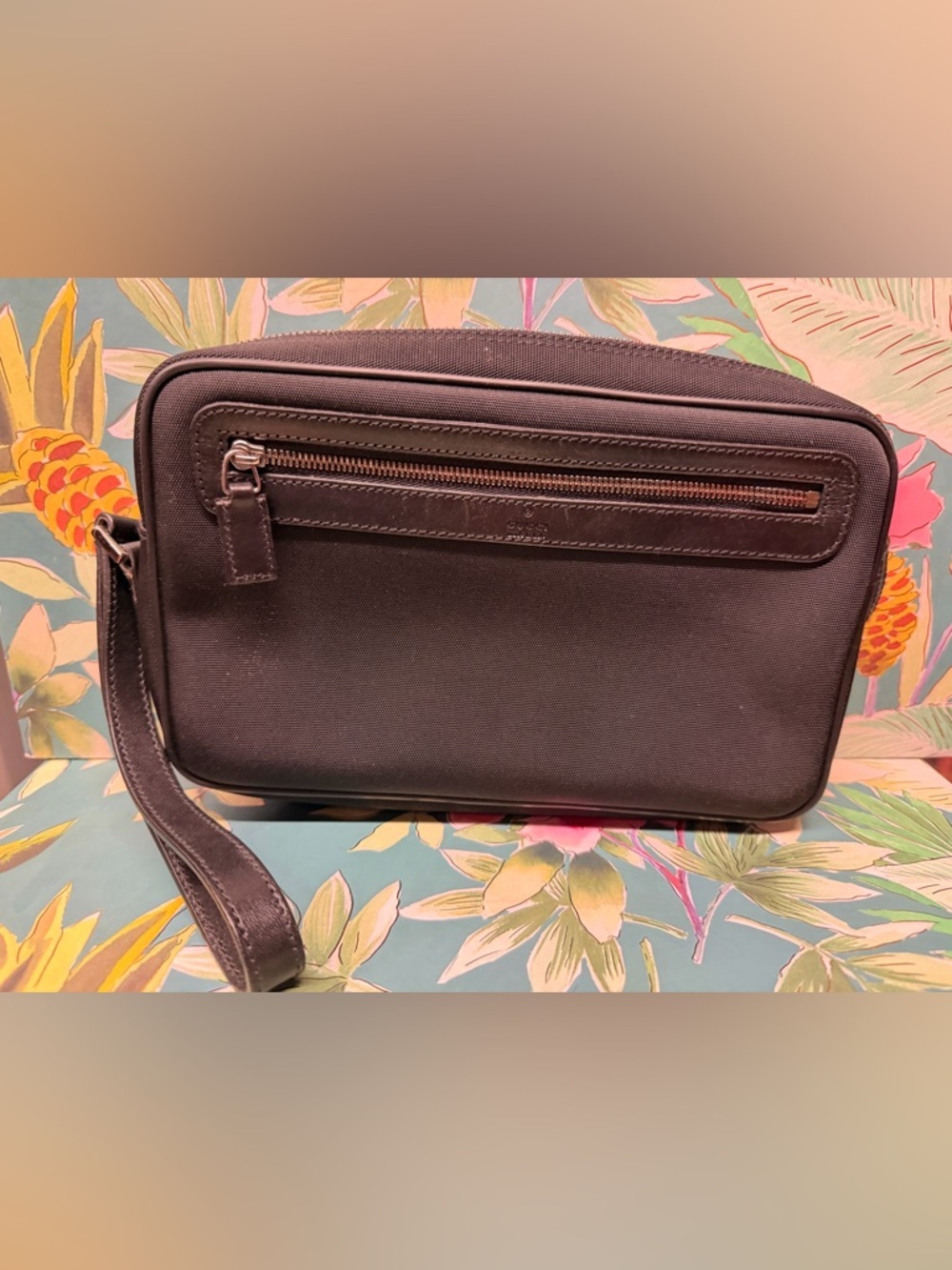 Vintage Gucci Black Nylon Leather Trim Wristlet Pouch Clutch Y2K GUC